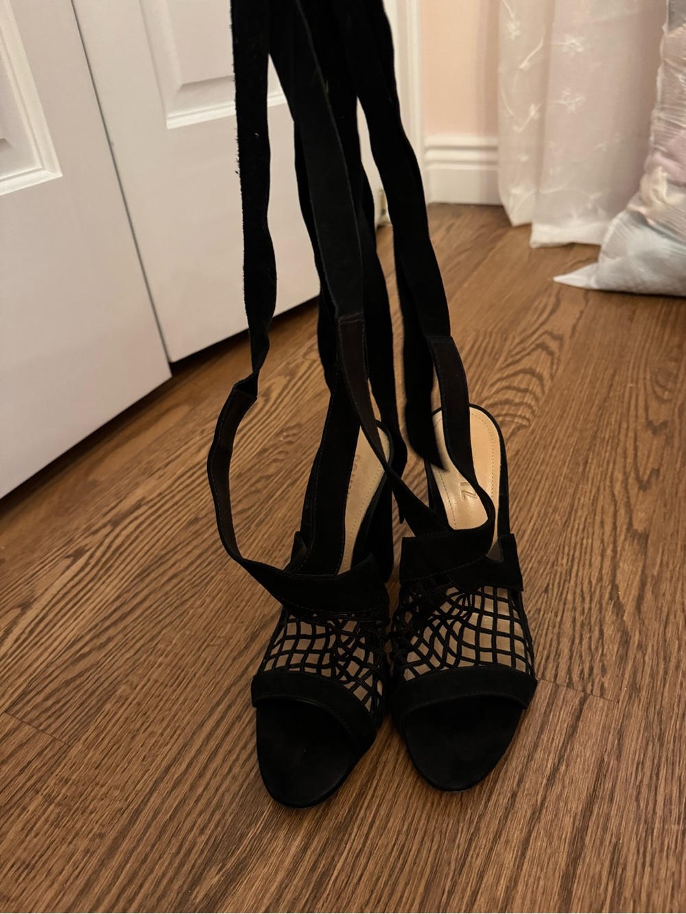 SCHUTZ Black Lace-Up Cutout Heeled Sandals